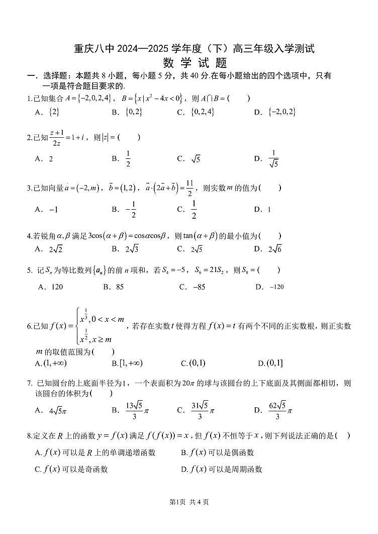 重庆市第八中学校2024-2025学年高三下学期入学适应性训练数学第1页