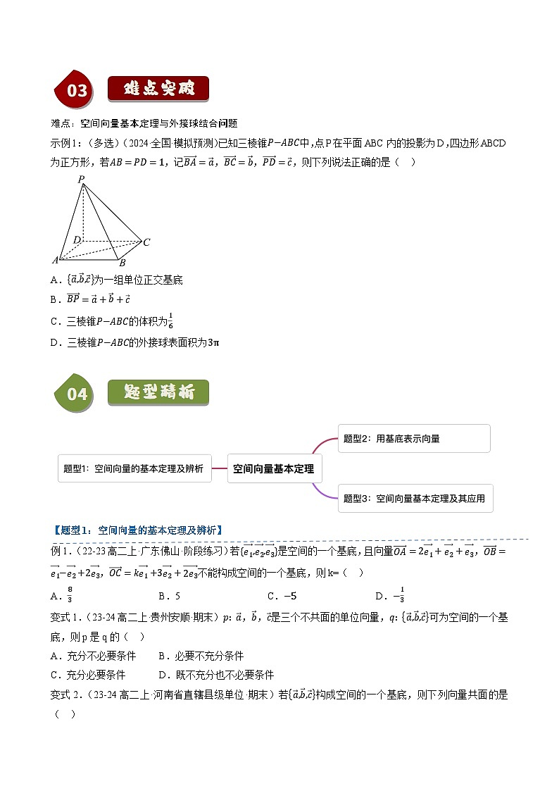 高中数学(人教B版)选择性必修一同步讲义1.1.2空间向量基本定理(1知识点+3题型+巩固训练)(学生版+解析)第2页