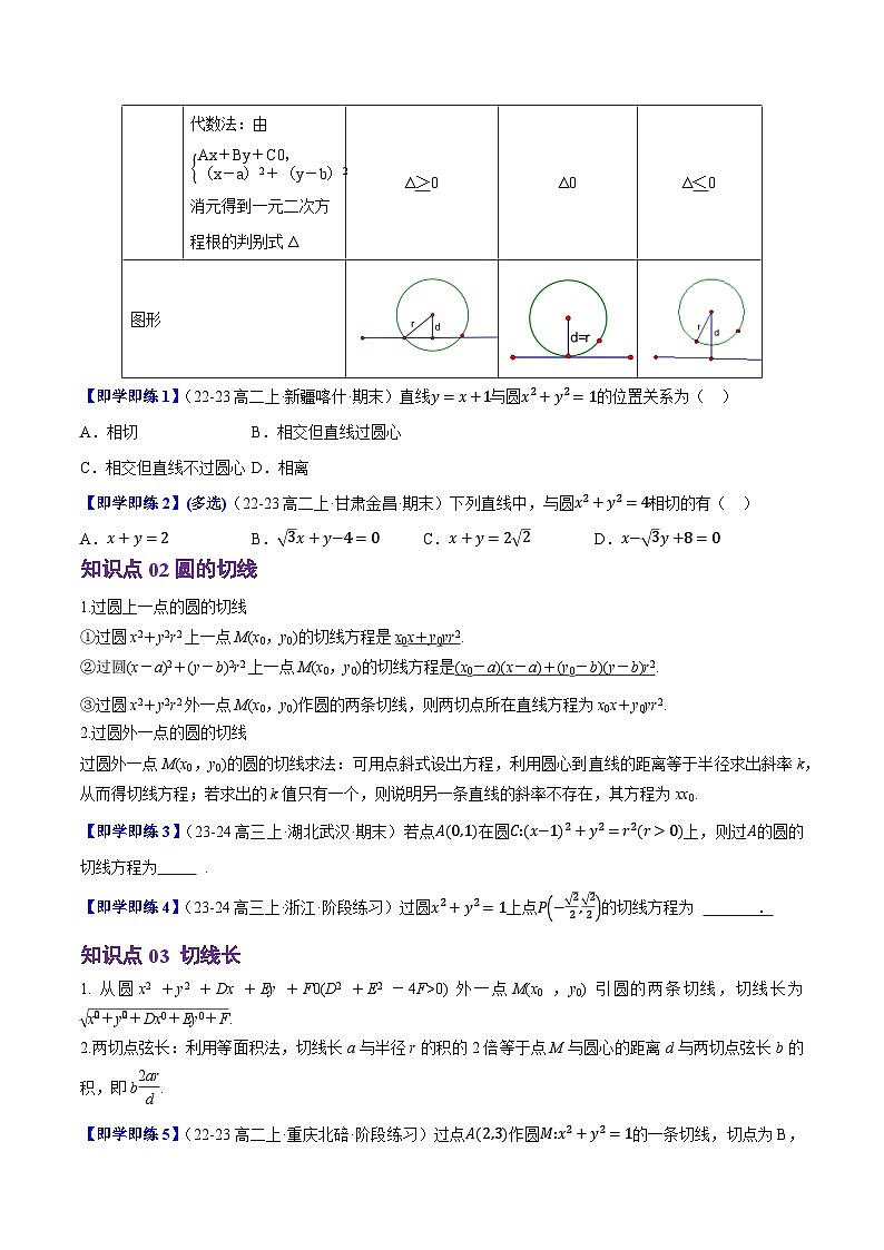 高中数学(人教B版)选择性必修一同步讲义2.3.3直线与圆的位置关系(4知识点+7题型+巩固训练)(学生版+解析)第2页