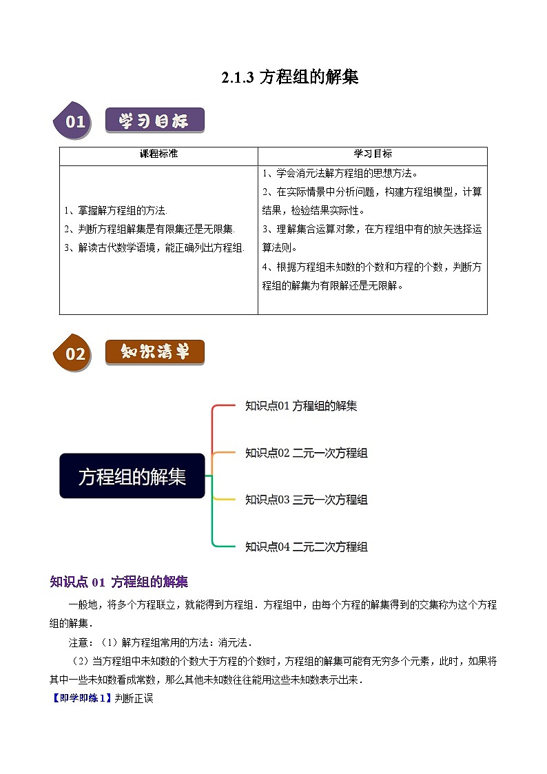 高中数学(人教B版)必修一同步讲义2.1.3方程组的解集(4知识点+5题型+巩固训练)(学生版+解析)第1页
