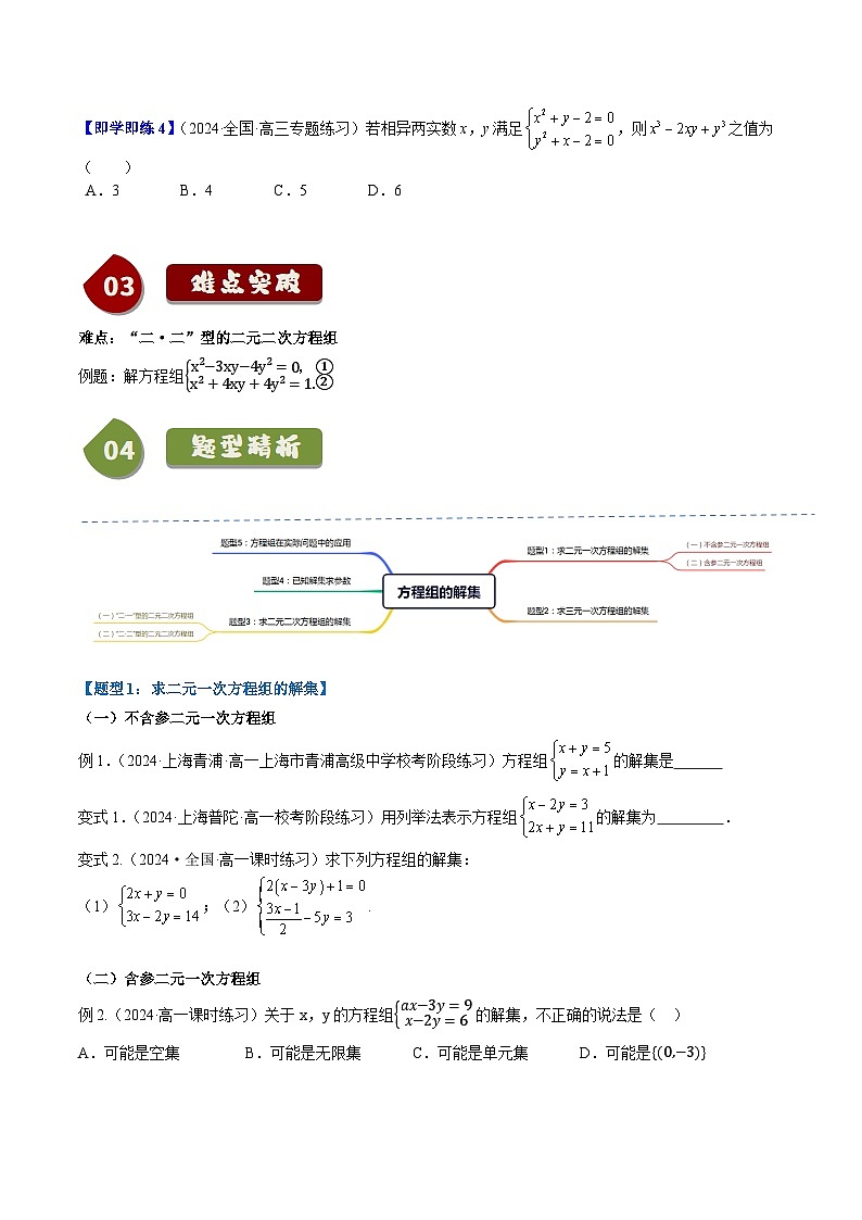 高中数学(人教B版)必修一同步讲义2.1.3方程组的解集(4知识点+5题型+巩固训练)(学生版+解析)第3页