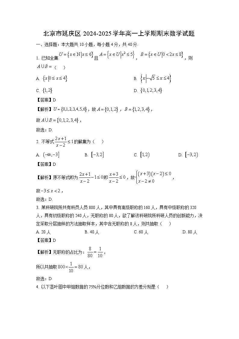 北京市延庆区2024-2025学年高一上学期期末数学试题（解析版）第1页