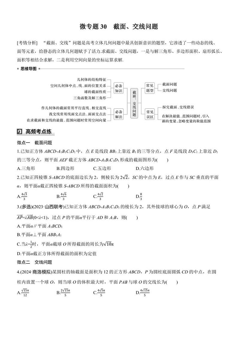2025届高考数学三轮冲刺练习四 专题30 截面、交线问题第1页