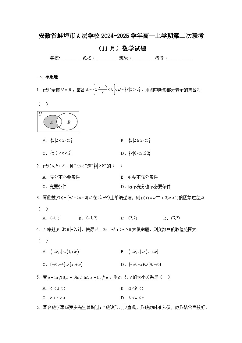 安徽省蚌埠市A层学校2024-2025学年高一上学期第二次联考（11月） 数学试题（含解析）第1页