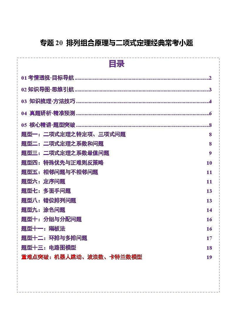 专题20 排列组合原理与二项式定理经典常考小题（讲义）-2025年高考数学二轮复习讲练（新高考通用）（原卷版）第1页