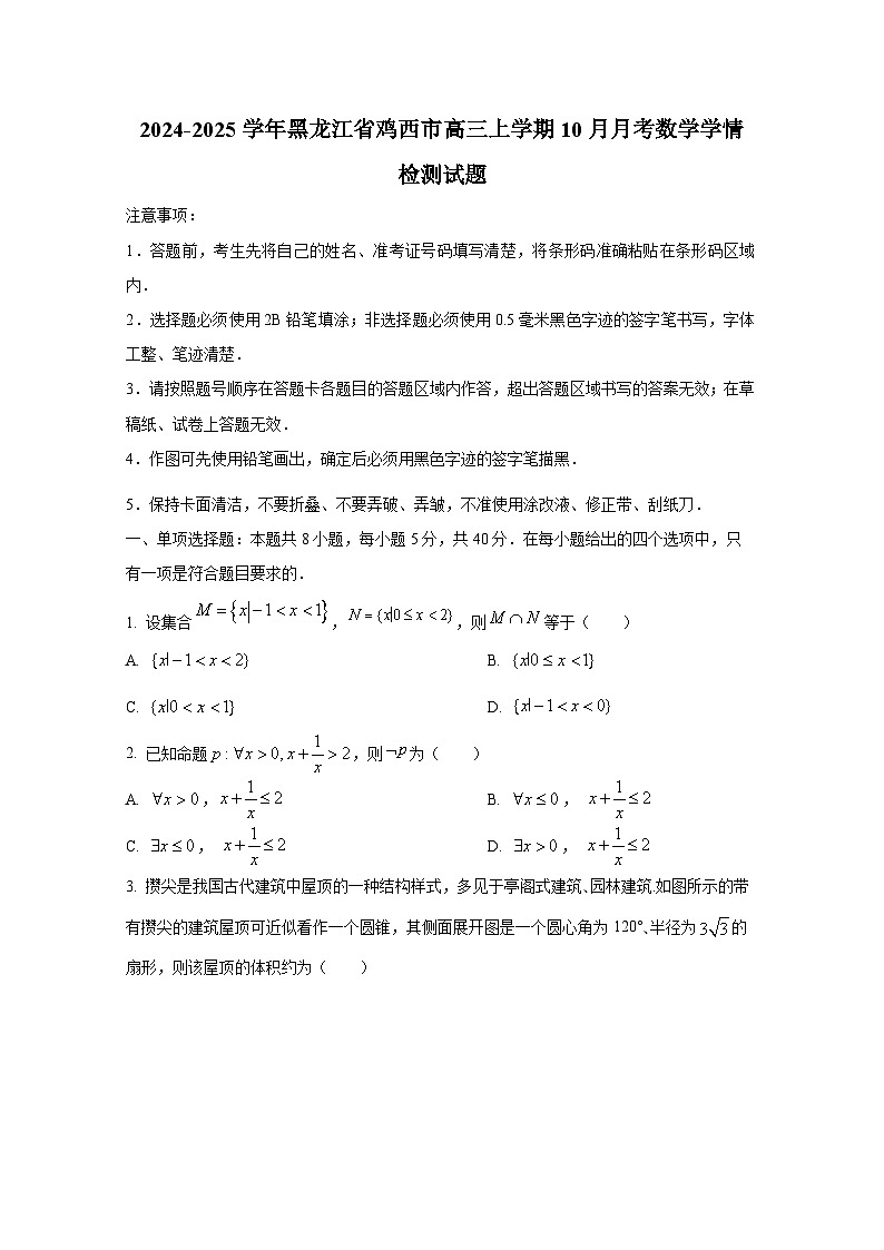 2024-2025学年黑龙江省鸡西市高三上学期10月月考数学学情检测试题第1页