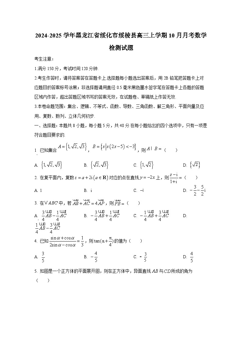 2024-2025学年黑龙江省绥化市绥棱县高三上学期10月月考数学检测试题第1页