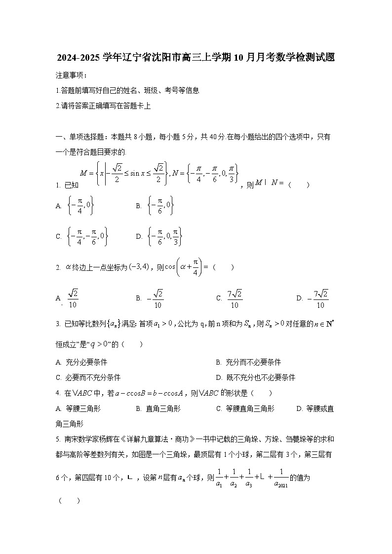 2024-2025学年辽宁省沈阳市高三上学期10月月考数学检测试题第1页