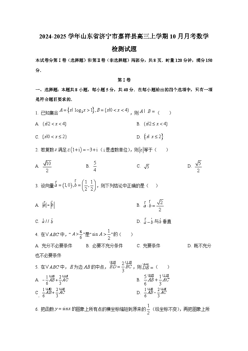 2024-2025学年山东省济宁市嘉祥县高三上学期10月月考数学检测试题第1页