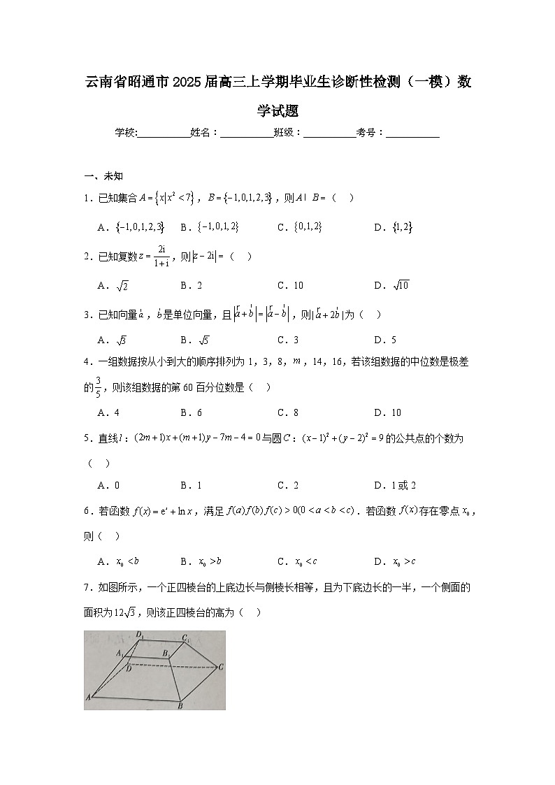 云南省昭通市2025届高三上学期毕业生诊断性检测（一模）数学试题第1页