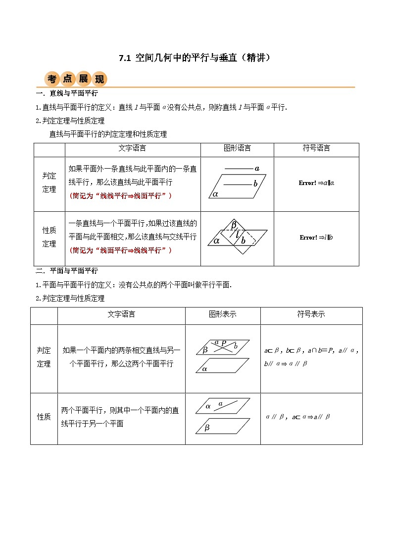 新高考数学一轮复习考点讲与练7.1 空间几何中的平行与垂直（精讲）（教师版）第1页