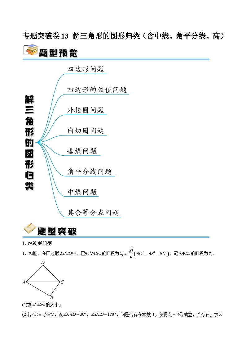 新高考数学一轮复习专题突破卷13  解三角形的图形归类（含中线、角平分线、高）（原卷版）第1页