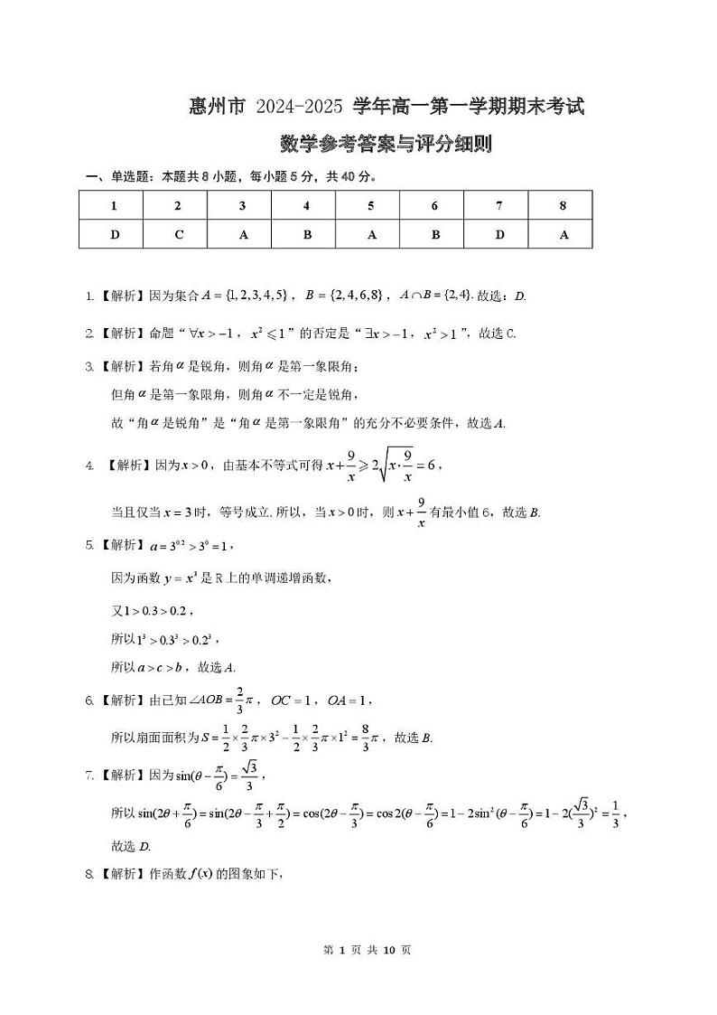 高一数学答案参考答案-惠州市2024-2025学年第一学期期末质量检测高一数学第1页