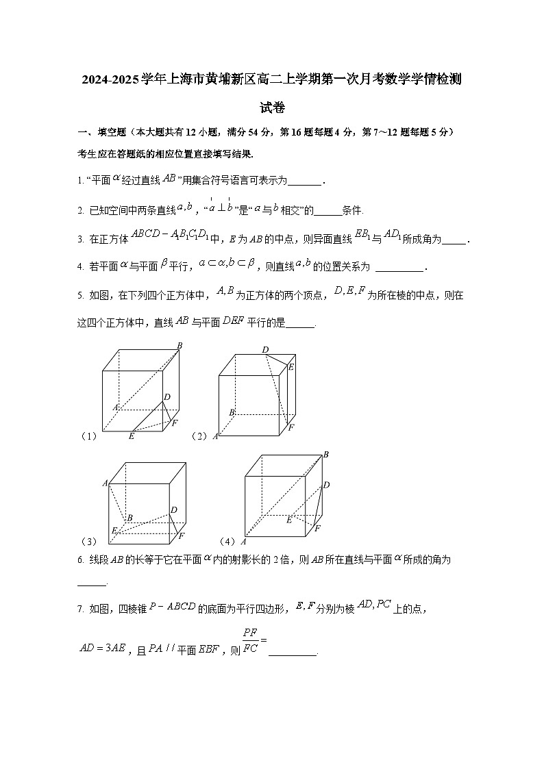 2024-2025学年上海市黄埔新区高二上册第一次月考数学学情检测试卷第1页