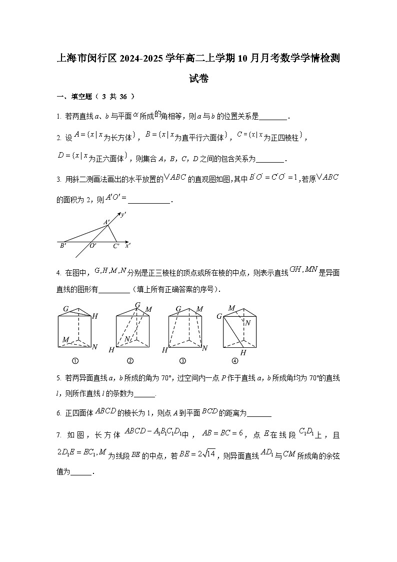 上海市闵行区2024-2025学年高二上册10月月考数学学情检测试卷（含解析）第1页