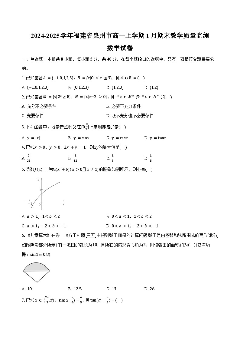 2024-2025学年福建省泉州市高一上学期1月期末教学质量监测数学试卷（含答案）第1页