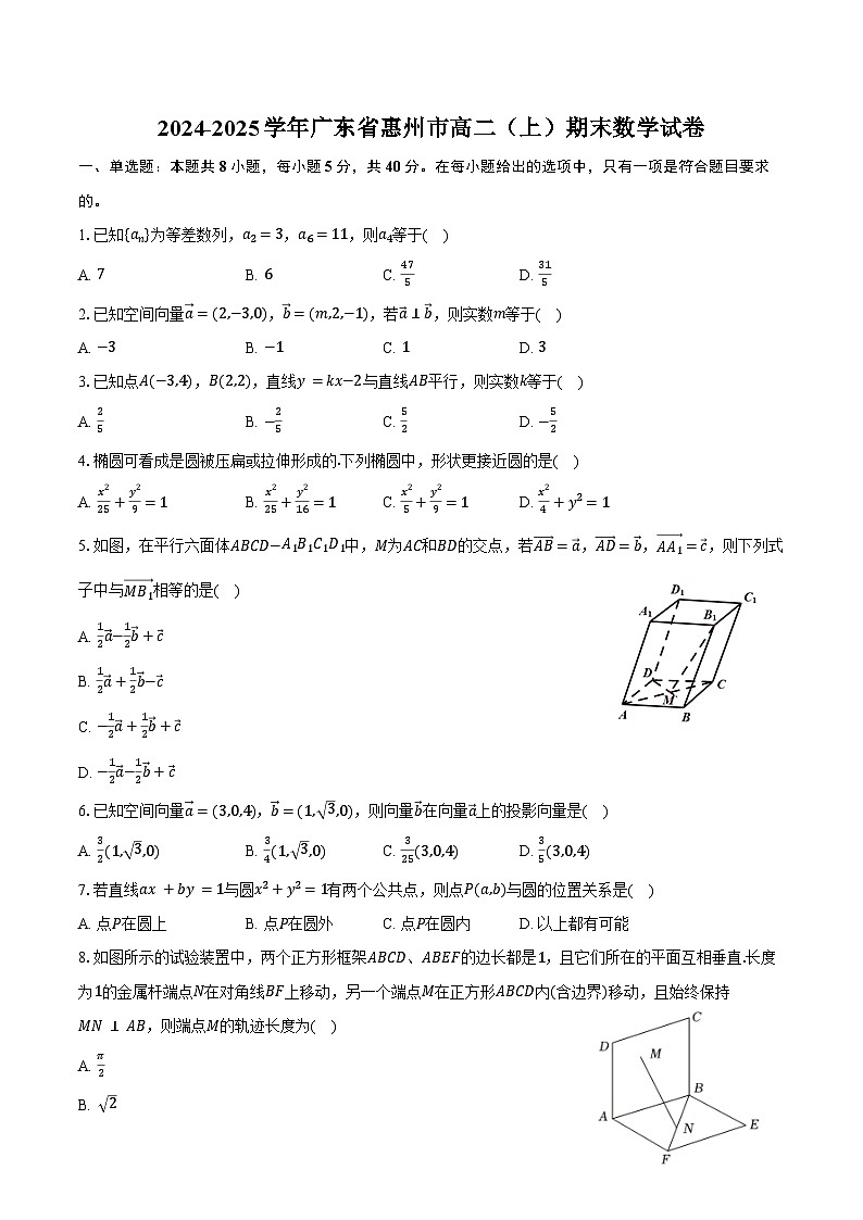 2024-2025学年广东省惠州市高二（上）期末数学试卷（含答案）第1页