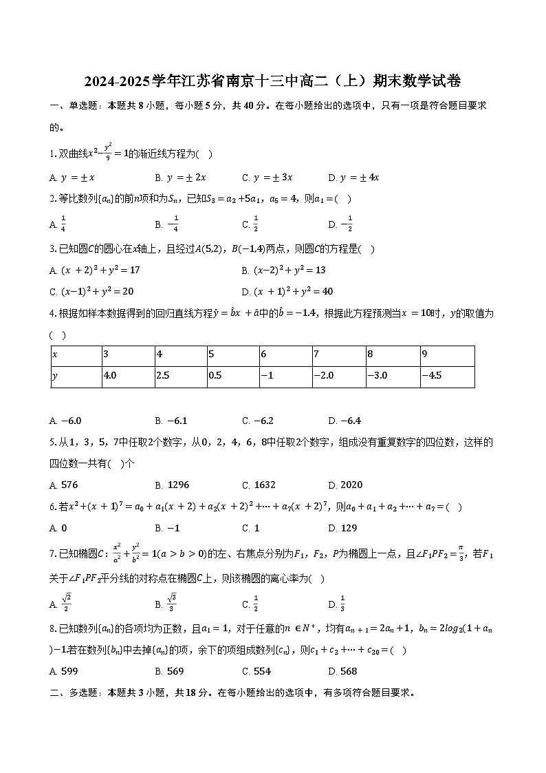 2024-2025学年江苏省南京十三中高二（上）期末数学试卷（含答案）第1页