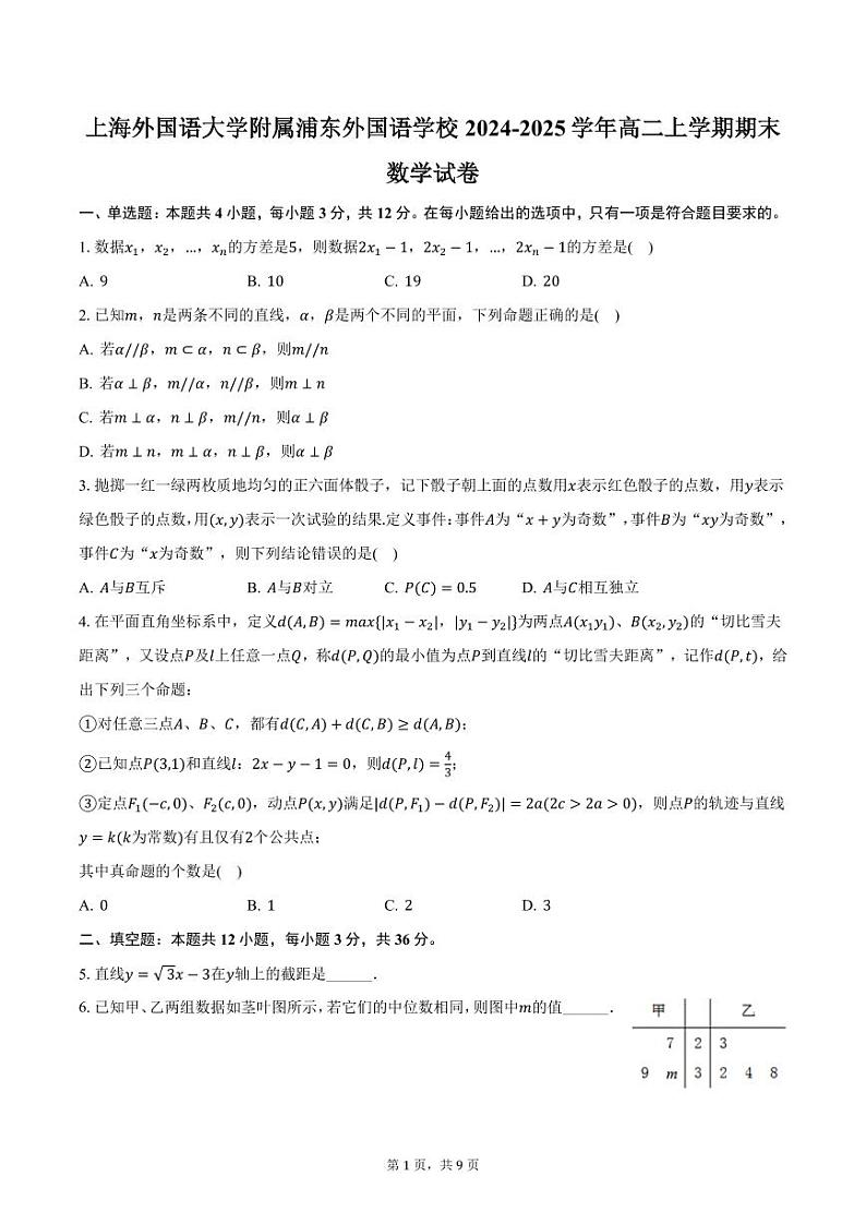 上海外国语大学附属浦东外国语学校2024-2025学年高二上学期期末数学试卷（含答案）第1页
