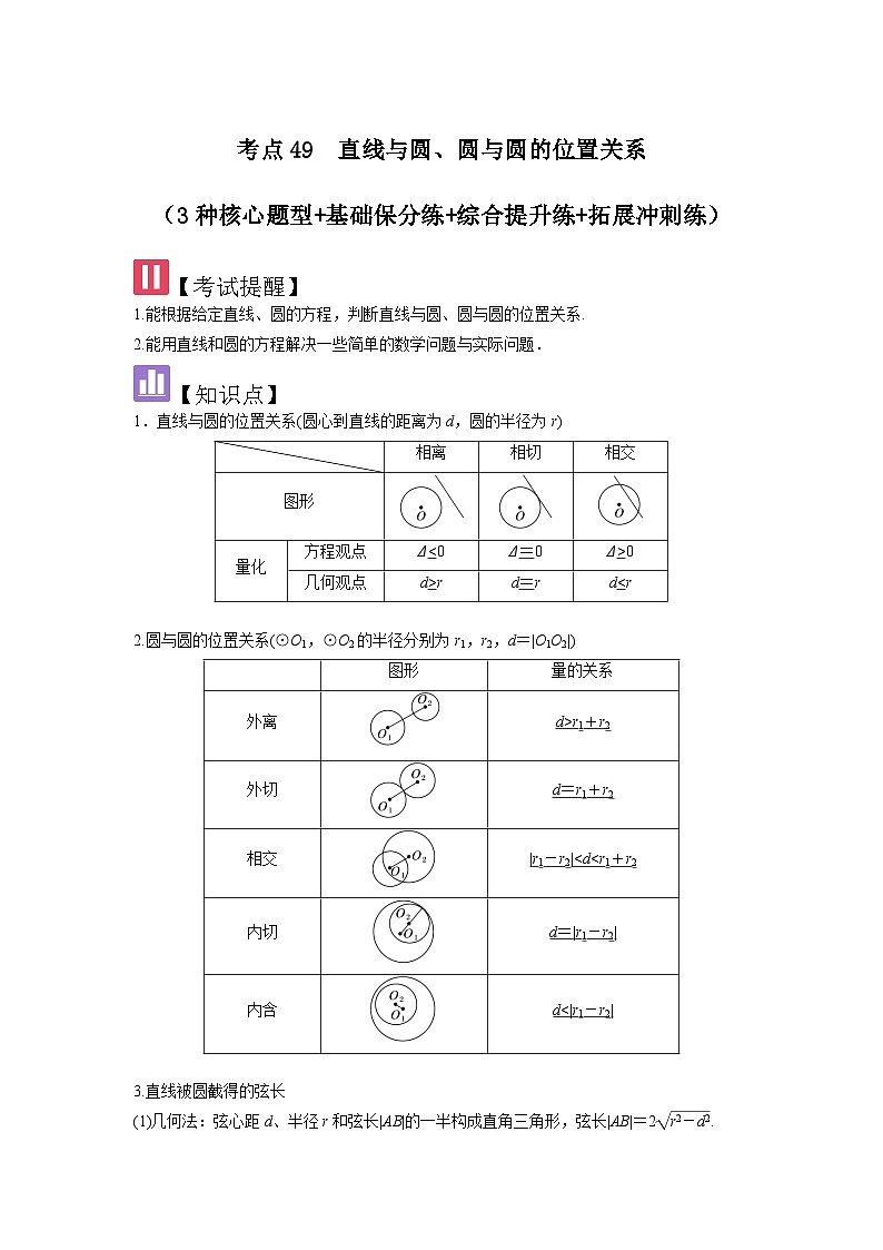 2025年新高考数学精析考点考点49直线与圆、圆与圆的位置关系（3种核心题型+基础保分练+综合提升练+拓展冲刺练）（原卷版）第1页