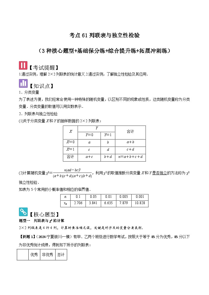 2025年新高考数学精析考点考点61列联表与独立性检验（3种核心题型+基础保分练+综合提升练+拓展冲刺练）（原卷版）第1页