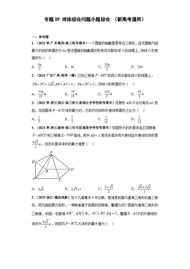 新高考数学二轮复习能力提升练习专题09 球体综合问题 小题综合（原卷版）第1页