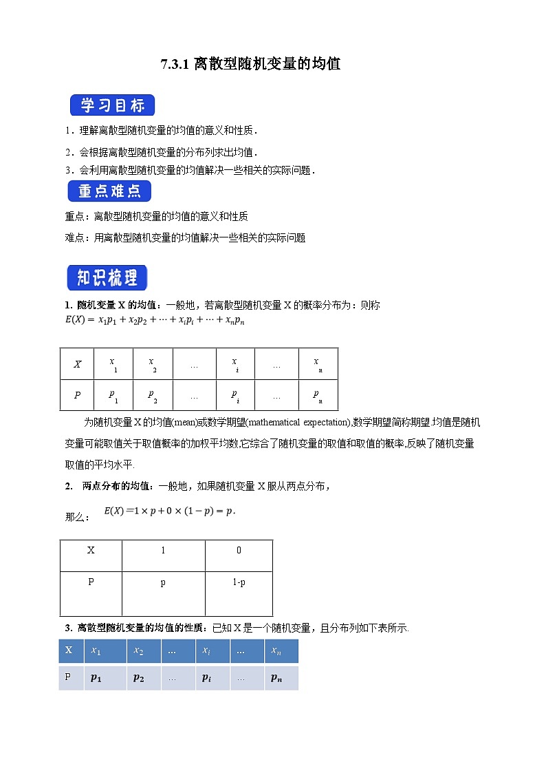 人教A版高中数学（选择性必修第三册）同步导学案7.3.1离散型随机变量的均值第1页