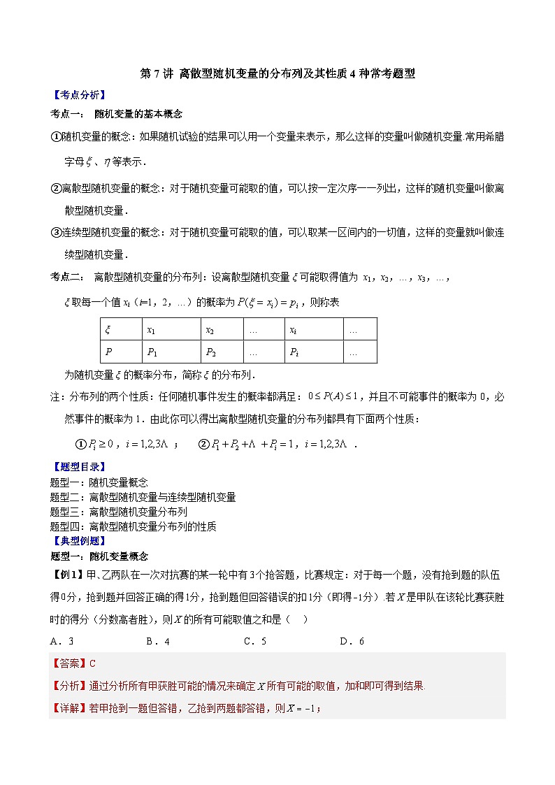 人教A版高中数学（选择性必修第三册）同步讲练第7讲 离散型随机变量的分布列及其性质4种常考题型（解析版）第1页