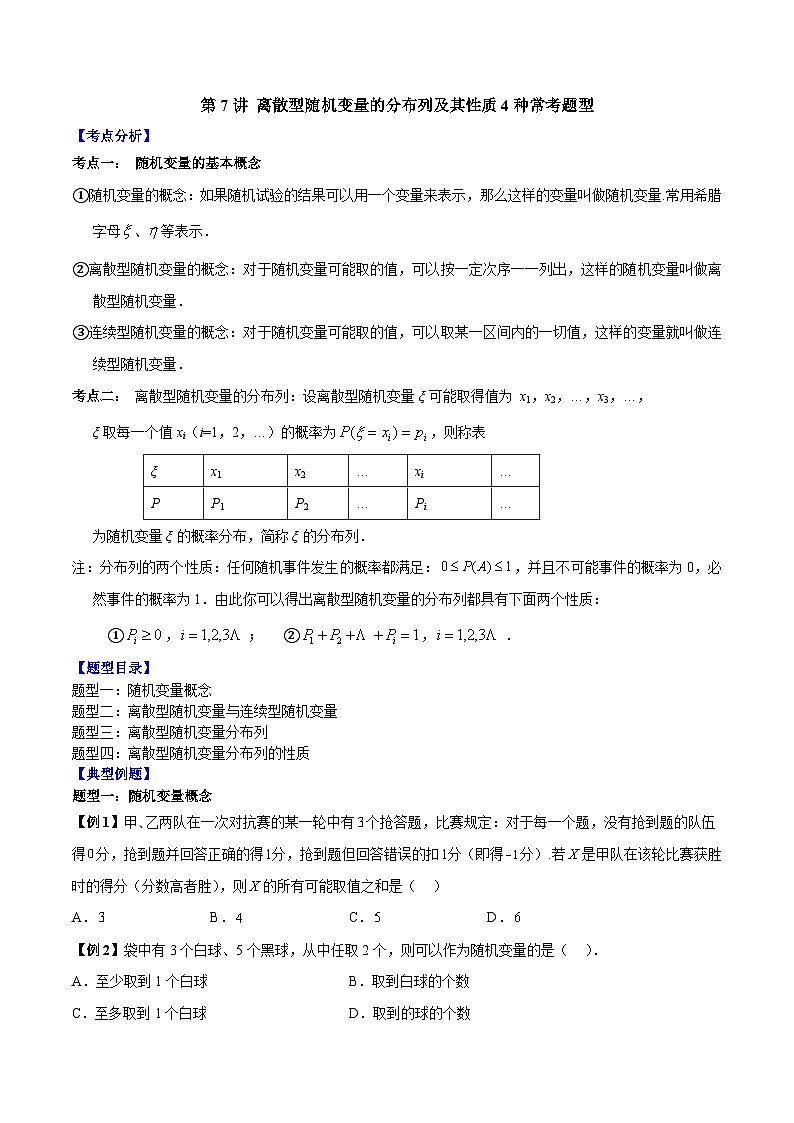 人教A版高中数学（选择性必修第三册）同步讲练第7讲 离散型随机变量的分布列及其性质4种常考题型(原卷版）第1页