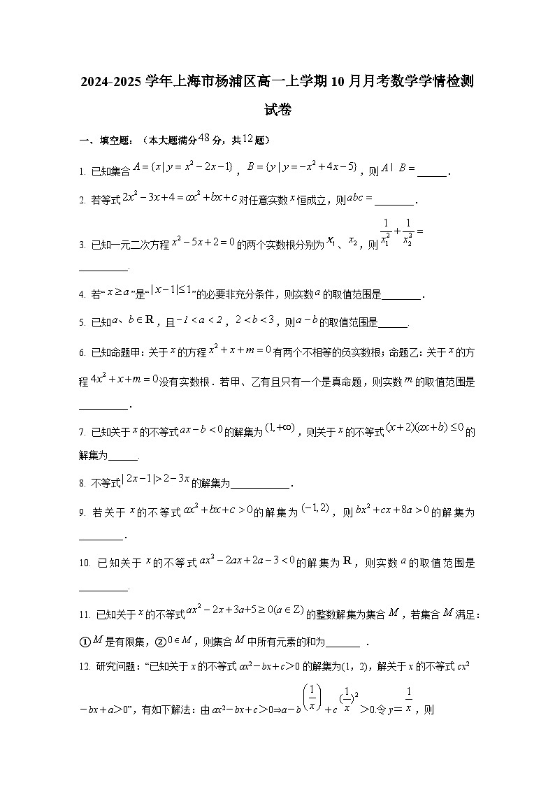 2024-2025学年上海市杨浦区高一上册10月月考数学学情检测试卷第1页
