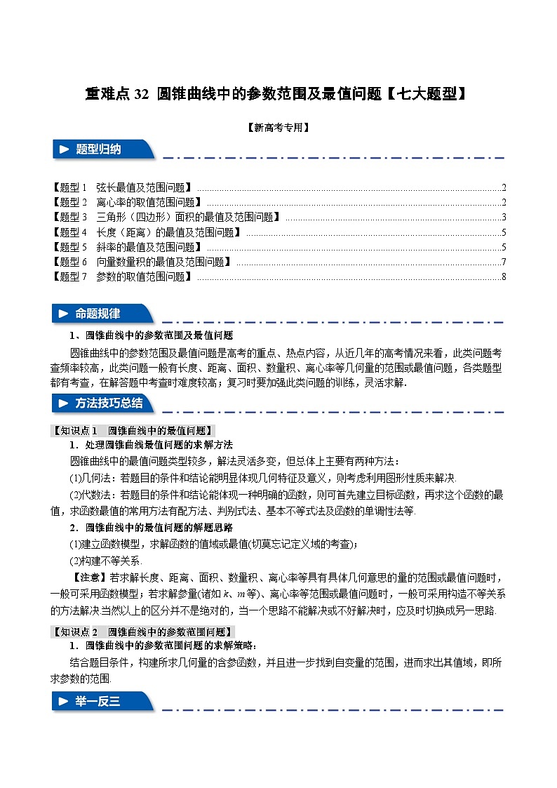 2025年高考数学复习(新高考专用)重难点32圆锥曲线中的参数范围及最值问题【七大题型】特训(学生版+解析)第1页