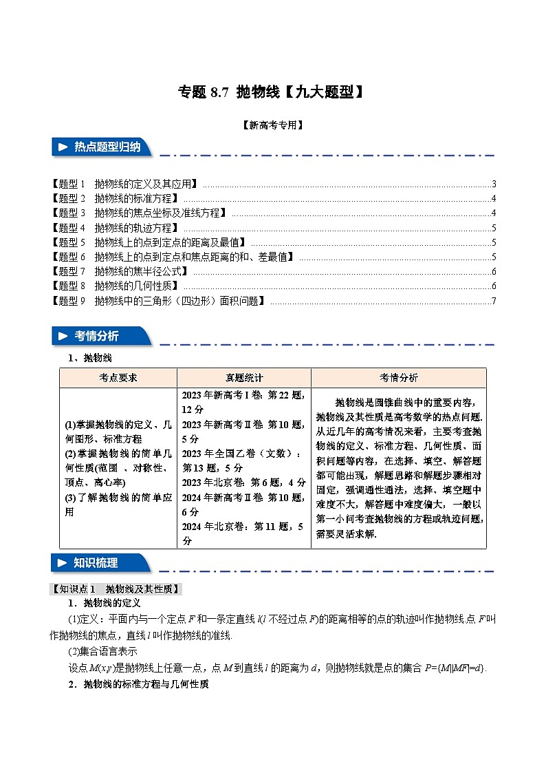 2025年高考数学复习核心考点(新高考专用)专题8.7抛物线【九大题型】特训(学生版+解析)第1页