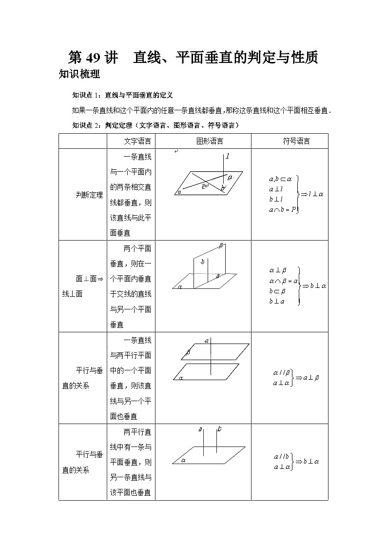 2025年高考数学核心考点归纳第49讲、直线、平面垂直的判定与性质特训(学生版+解析)第1页