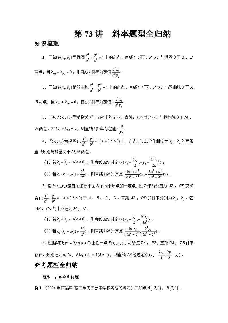 2025年高考数学核心考点归纳第73讲、斜率题型全归纳特训(学生版+解析)第1页