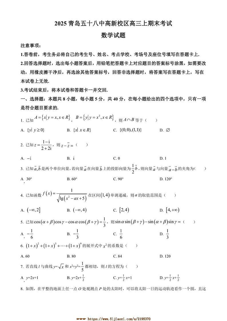 2024～2025学年山东省青岛市青岛第五十八中学高三上期末数学试卷(含答案)第1页