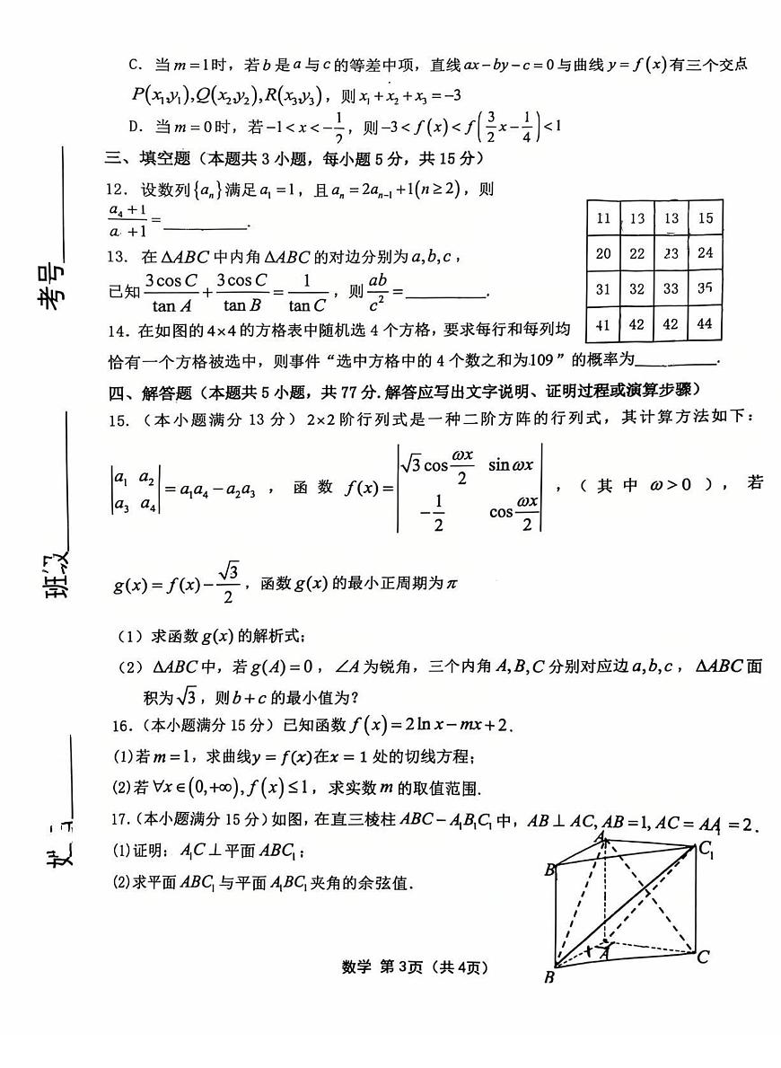 【精品解析】2025届黑龙江省齐齐哈尔市一模高三第一次模拟测试 数学试题及答案解析第3页
