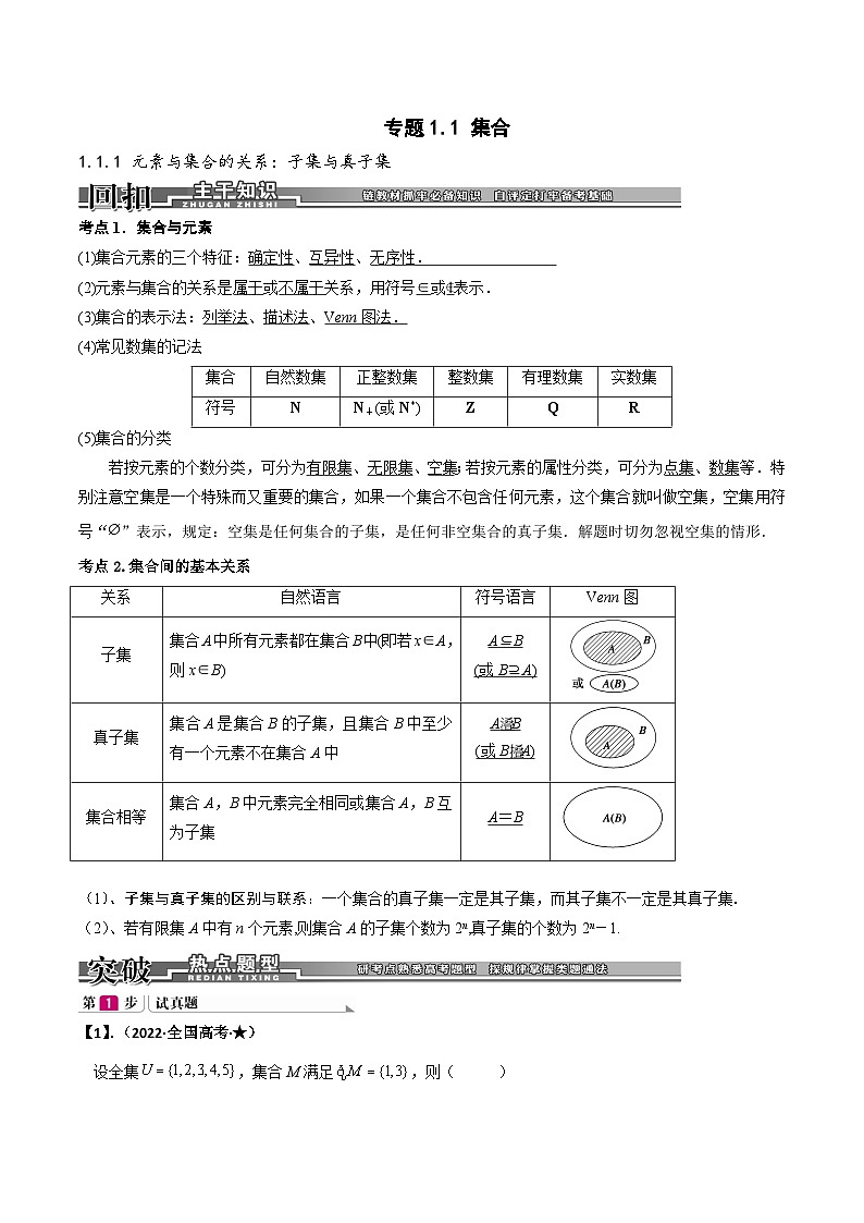 新高考数学一轮复习基础+提升训练专题1.1 集合（原卷版） 第1页