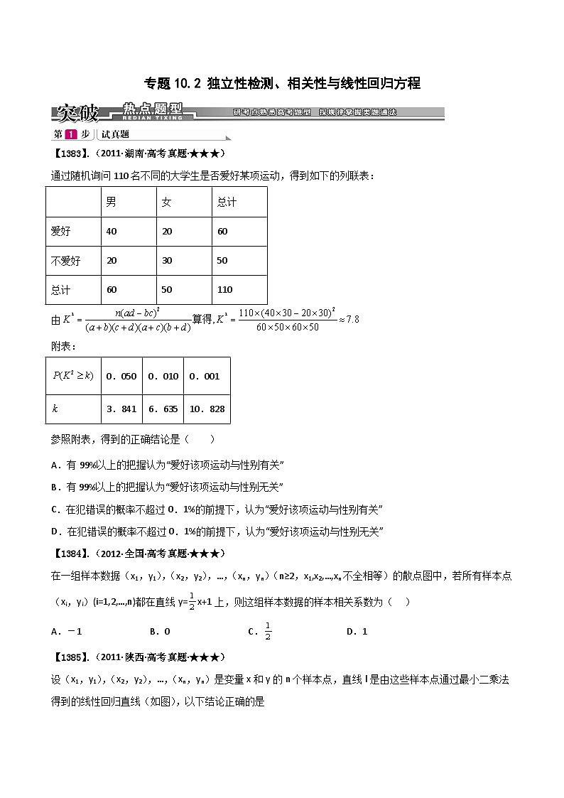 新高考数学一轮复习基础+提升训练专题10.2 独立性检测与相关性与线性回归方程（原卷版）第1页