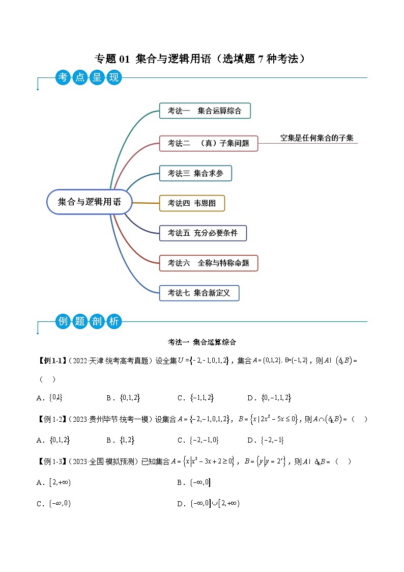 新高考数学二轮复习考法分类训练专题01 集合与逻辑用语（选填题7种考法）（原卷版）第1页