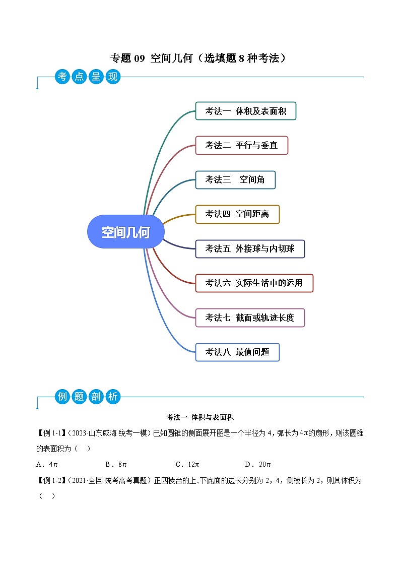 新高考数学二轮复习考法分类训练专题09 空间几何（选填题8种考法）（原卷版）第1页