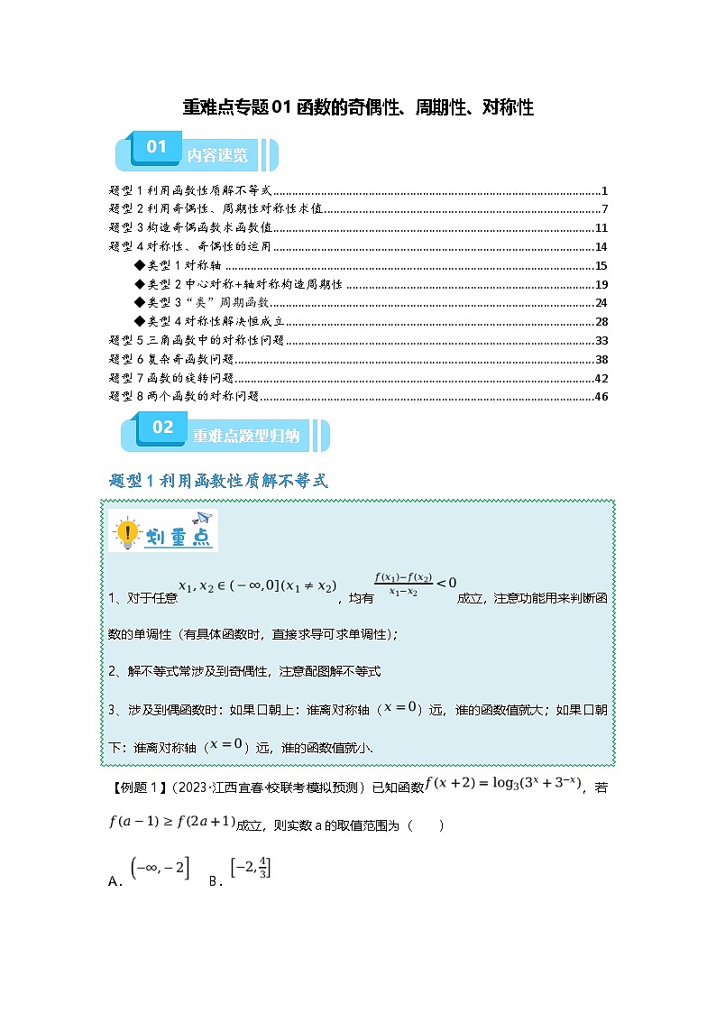 新高考数学二轮复习重难点题型突破练习专题01 函数的奇偶性、周期性、对称性（解析版）第1页