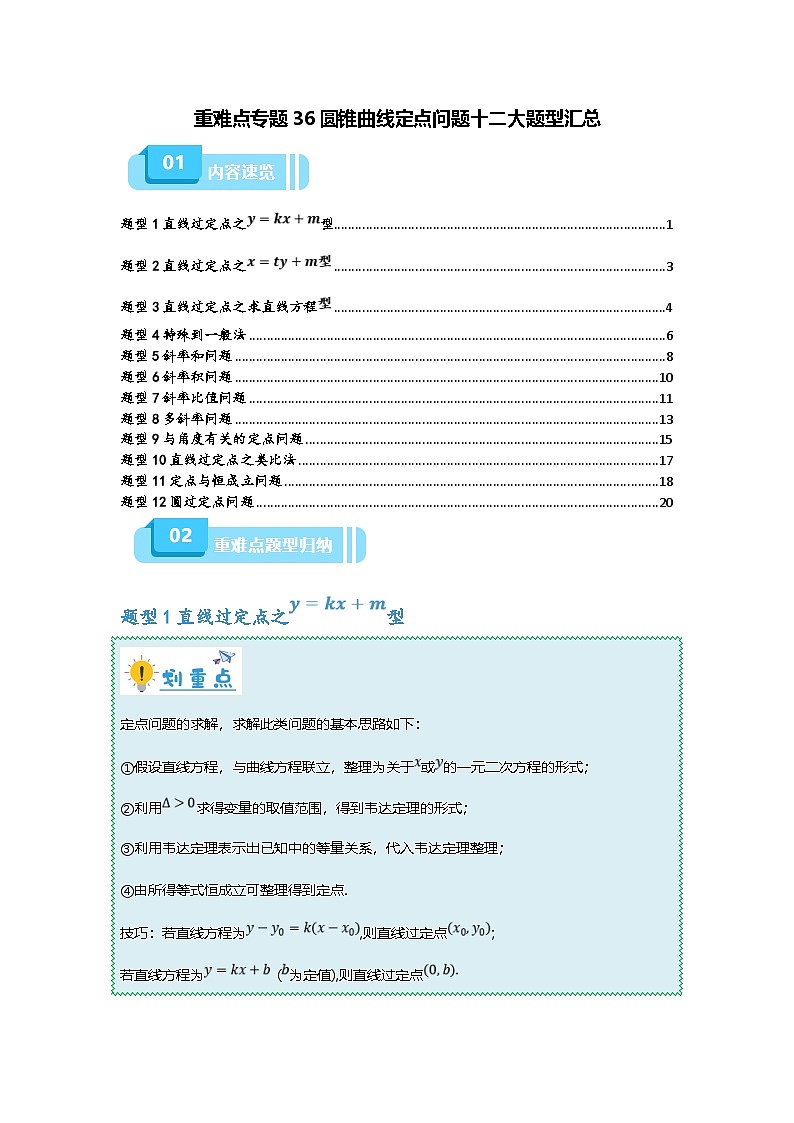 新高考数学二轮复习重难点题型突破练习专题36 圆锥曲线定点问题十二大题型汇总（原卷版）第1页