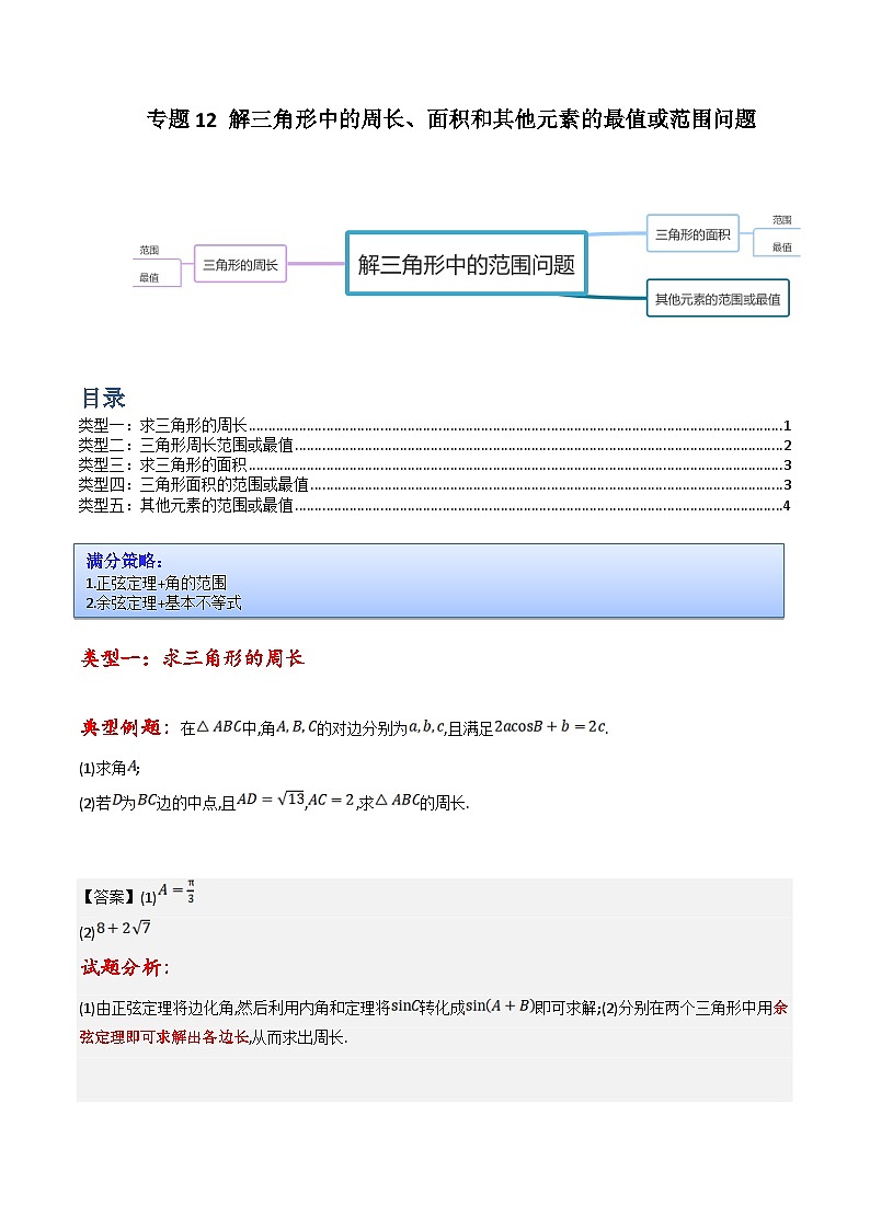 新高考数学三轮冲刺提升练习专题12 解三角形中的周长、面积和其他元素的最值或范围问题（原卷版）第1页