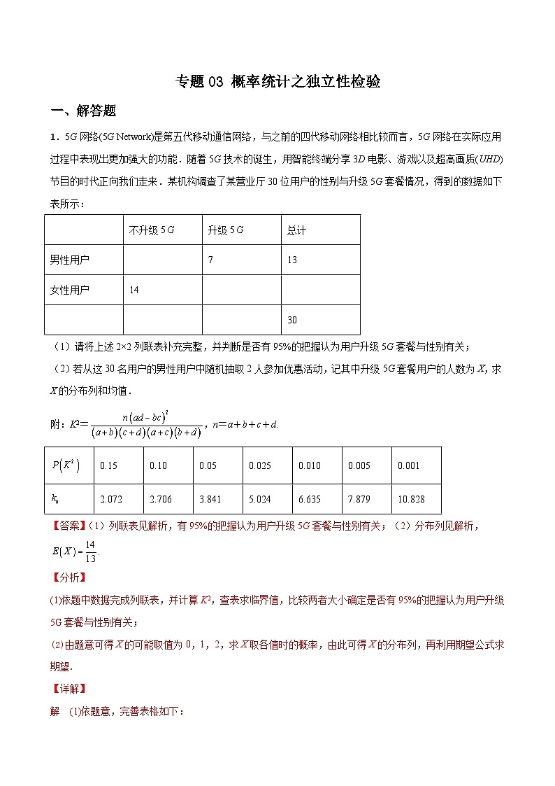 新高考数学二轮复习解答题提分训练专题03 概率统计之独立性检验(解析版)第1页