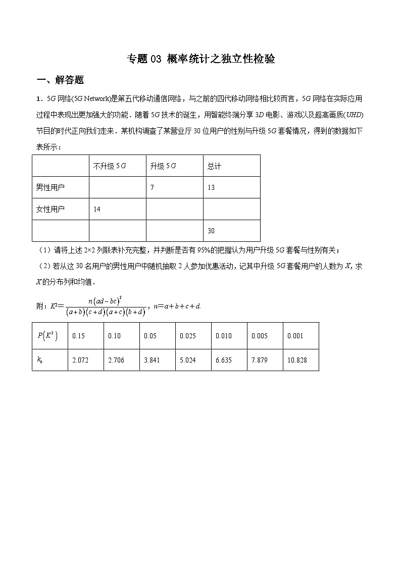 新高考数学二轮复习解答题提分训练专题03 概率统计之独立性检验(原卷版)第1页
