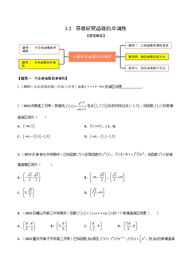 新高考数学一轮复习考点题型训练 3.2导数研究函数的单调性（精练）（原卷版）第1页