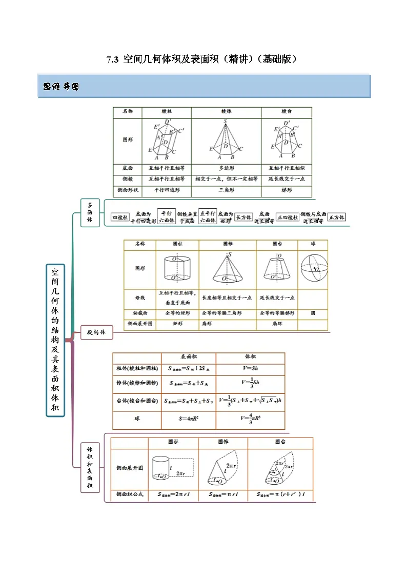 新高考数学一轮复习讲与练7.3 空间几何体积及表面积（精讲）（基础版）（解析版）第1页