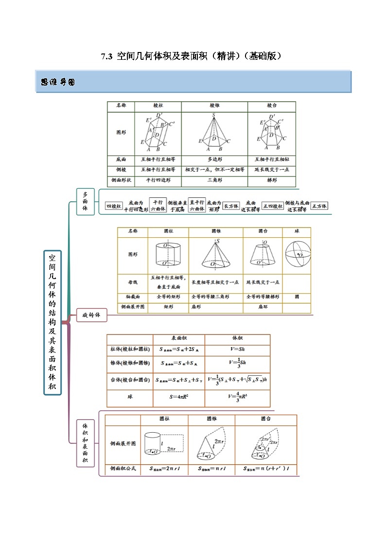 新高考数学一轮复习讲与练7.3 空间几何体积及表面积（精讲）（基础版）（解析版）第1页