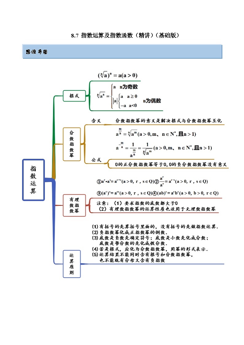 新高考数学一轮复习讲与练8.7 指数运算及指数函数（精讲）（基础版）（解析版）第1页