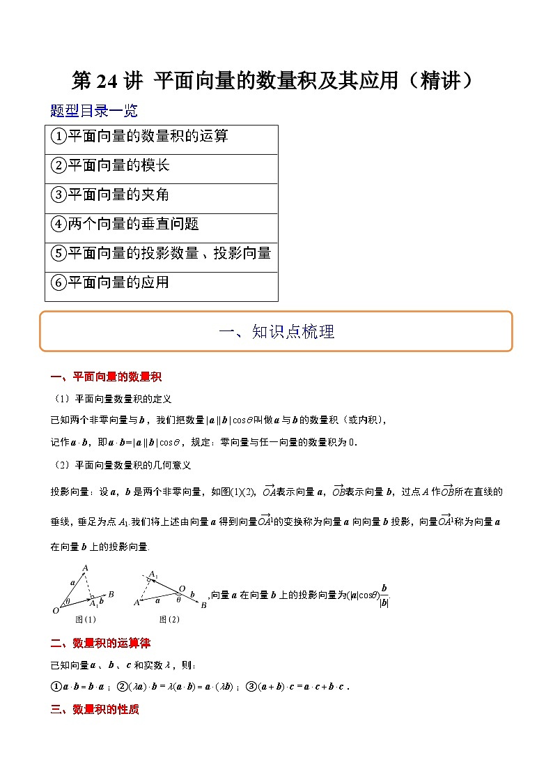 新高考数学一轮复习考点题型归纳讲练第24讲 平面向量的数量积及其应用（精讲）原卷版第1页